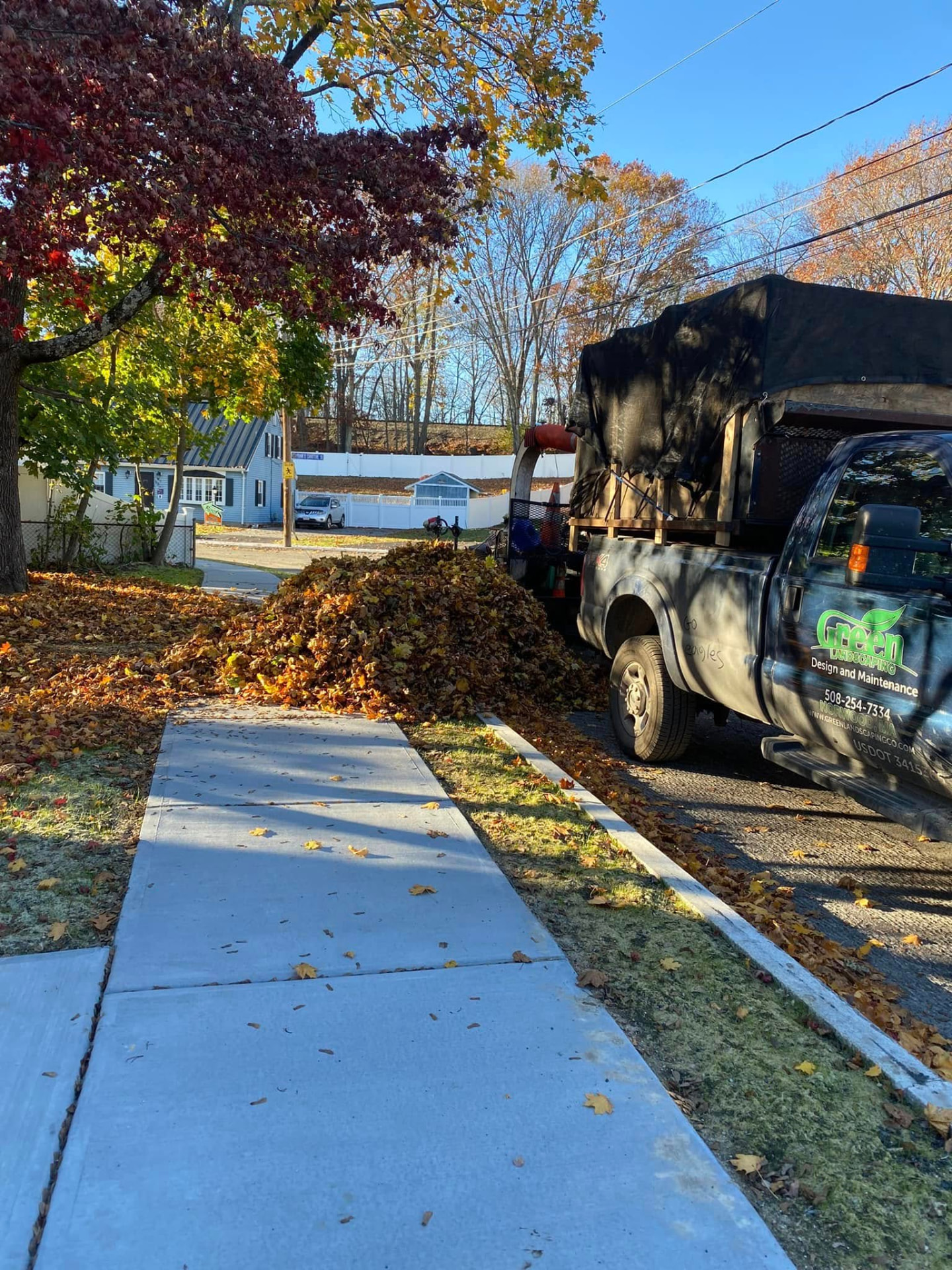 Landscaper blowing autumn leaves off a New England lawn